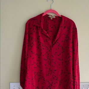 Red Button-Up Blouse with Black Leaf Pattern